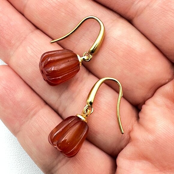 Red Orange Agate Gemstone Pumpkin Drop 18K Gold Plated Pierced Earrings Fall - Picture 2 of 6